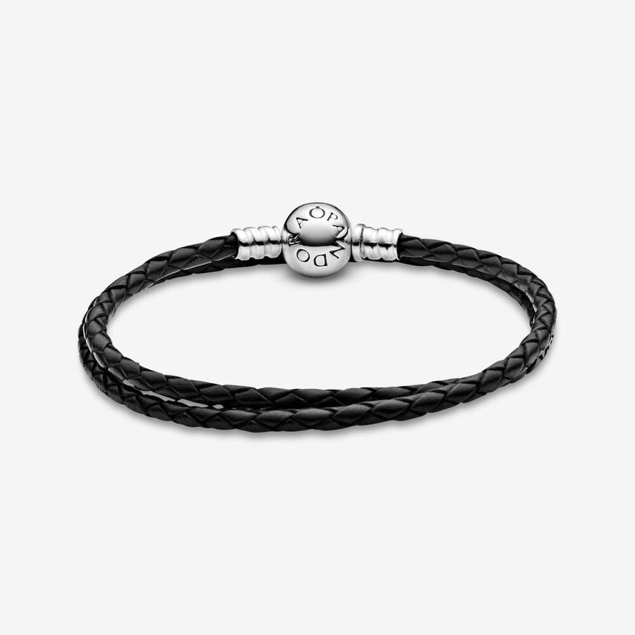 Bracelet double en cuir noir Pandora Moments