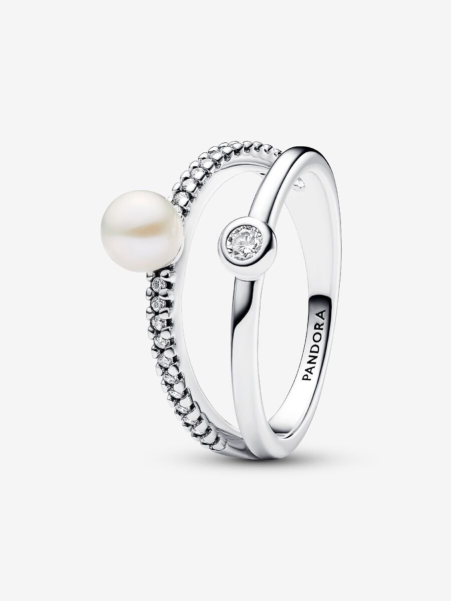 Bague à deux anneaux avec pavé et perle de culture d’eau douce traitée