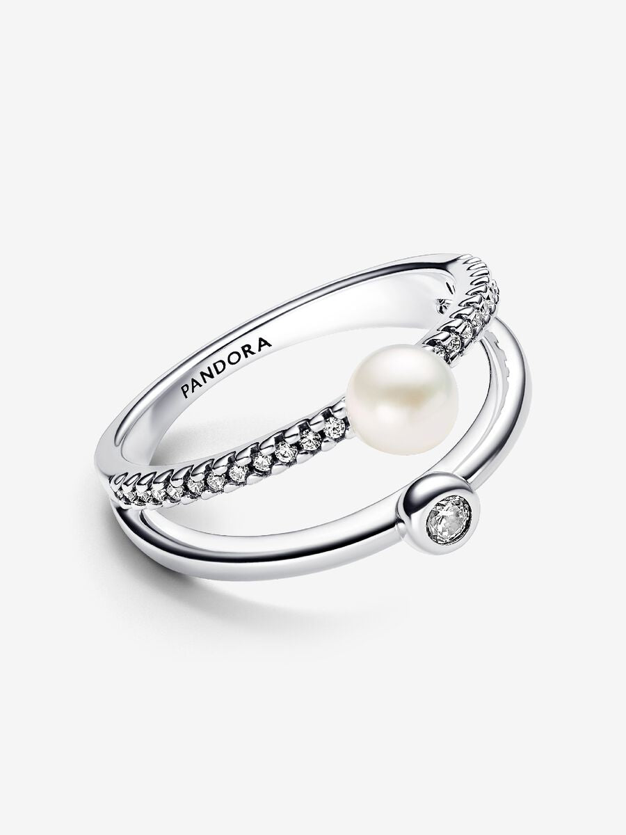 Bague à deux anneaux avec pavé et perle de culture d’eau douce traitée