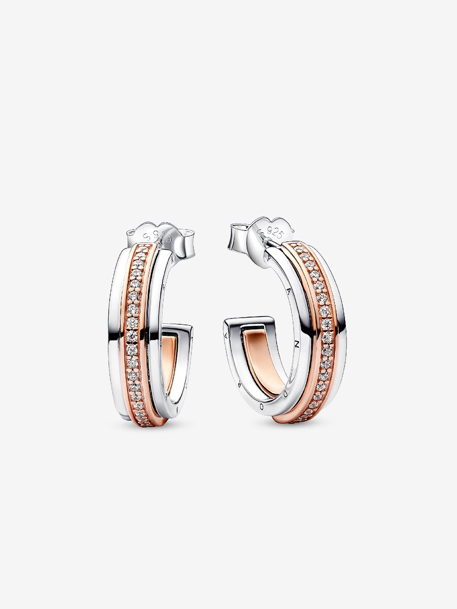 Créoles deux-tons Logo et pavé Pandora Signature