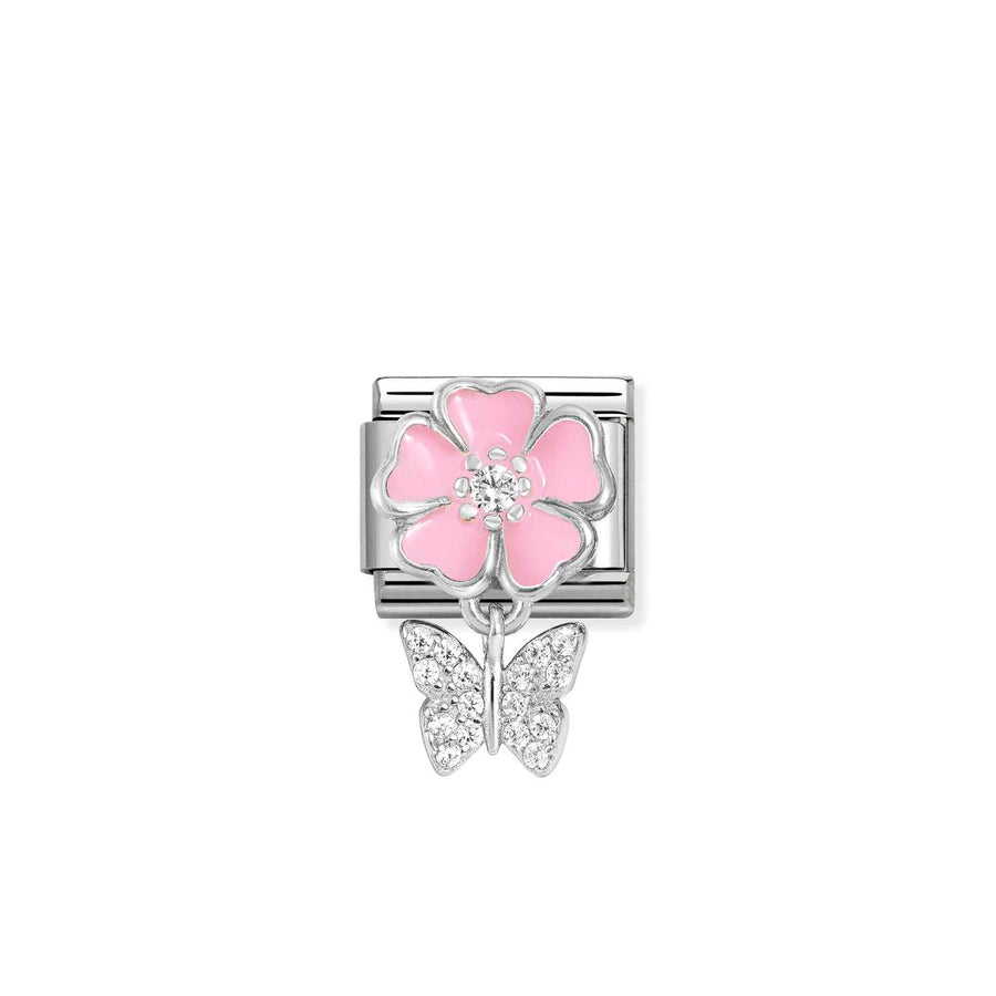 Charm Cz Rose Fleur With Papillon - Émail