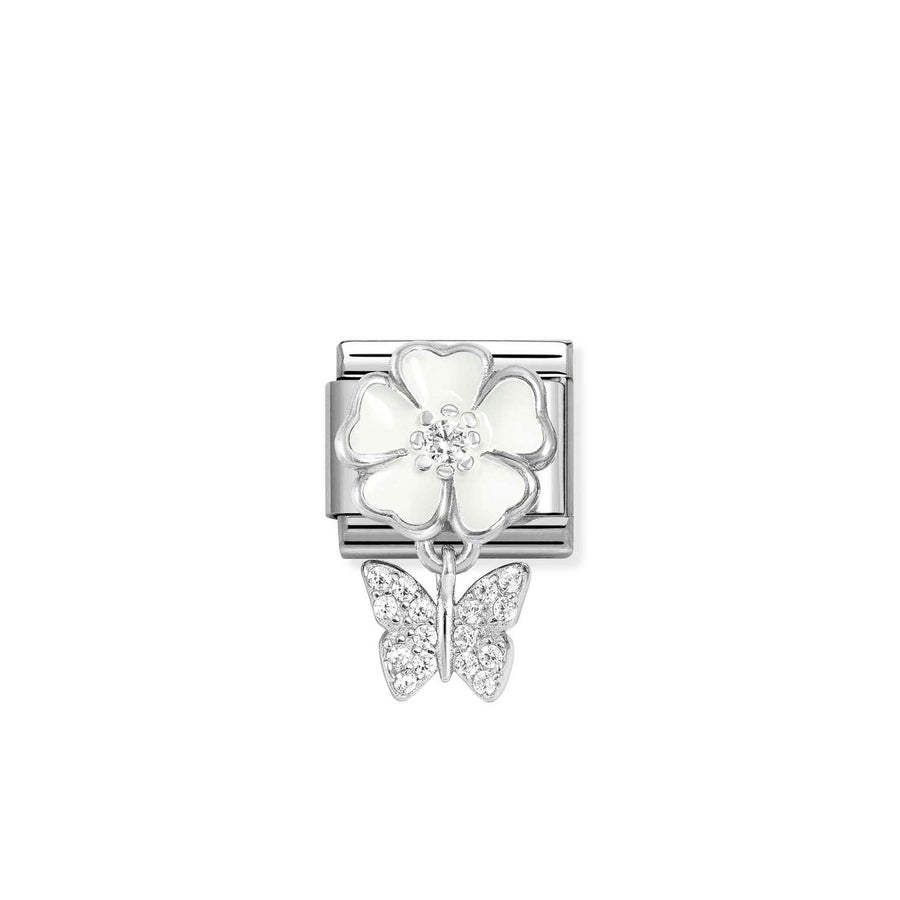 Charm Cz Blanc Fleur With Papillon - Émail