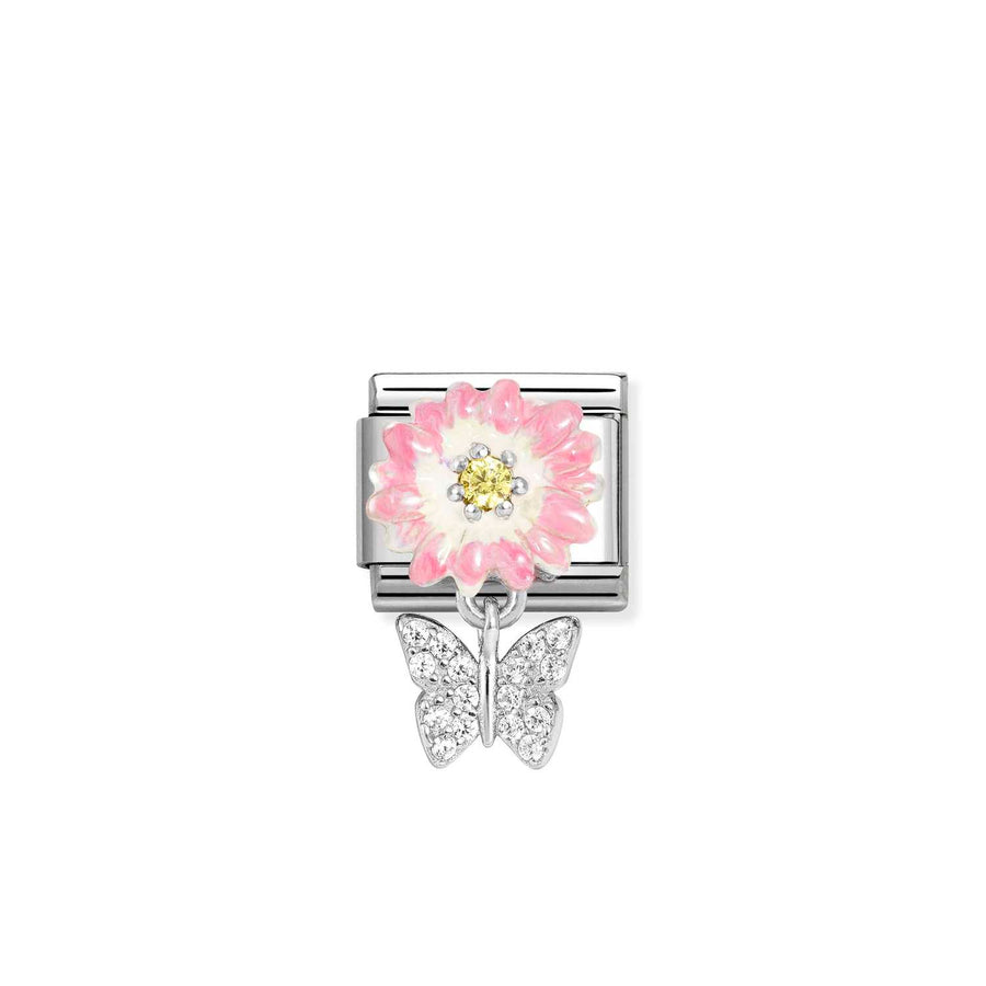 Charm Cz Rose Daisy With Papillon - Émail