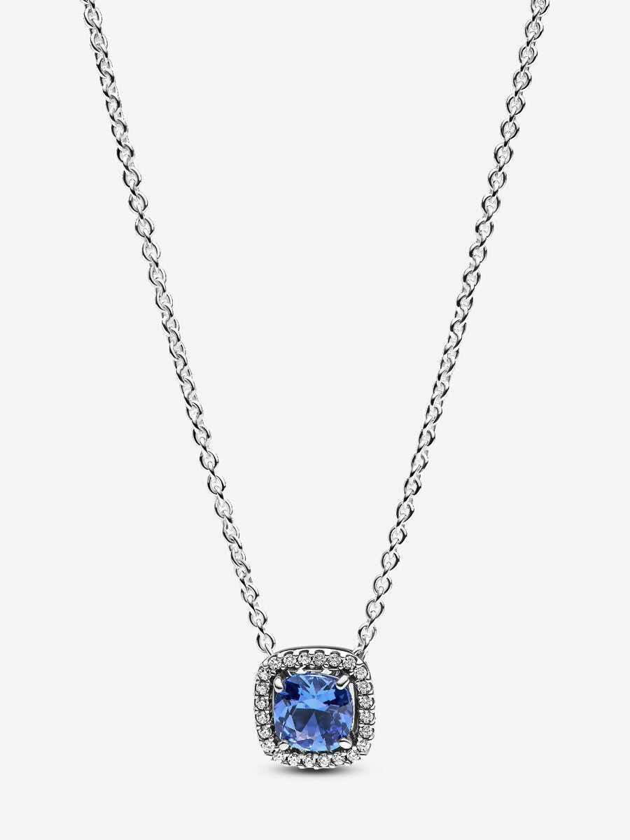 Collier à pendentif scintillant Halo carré bleu