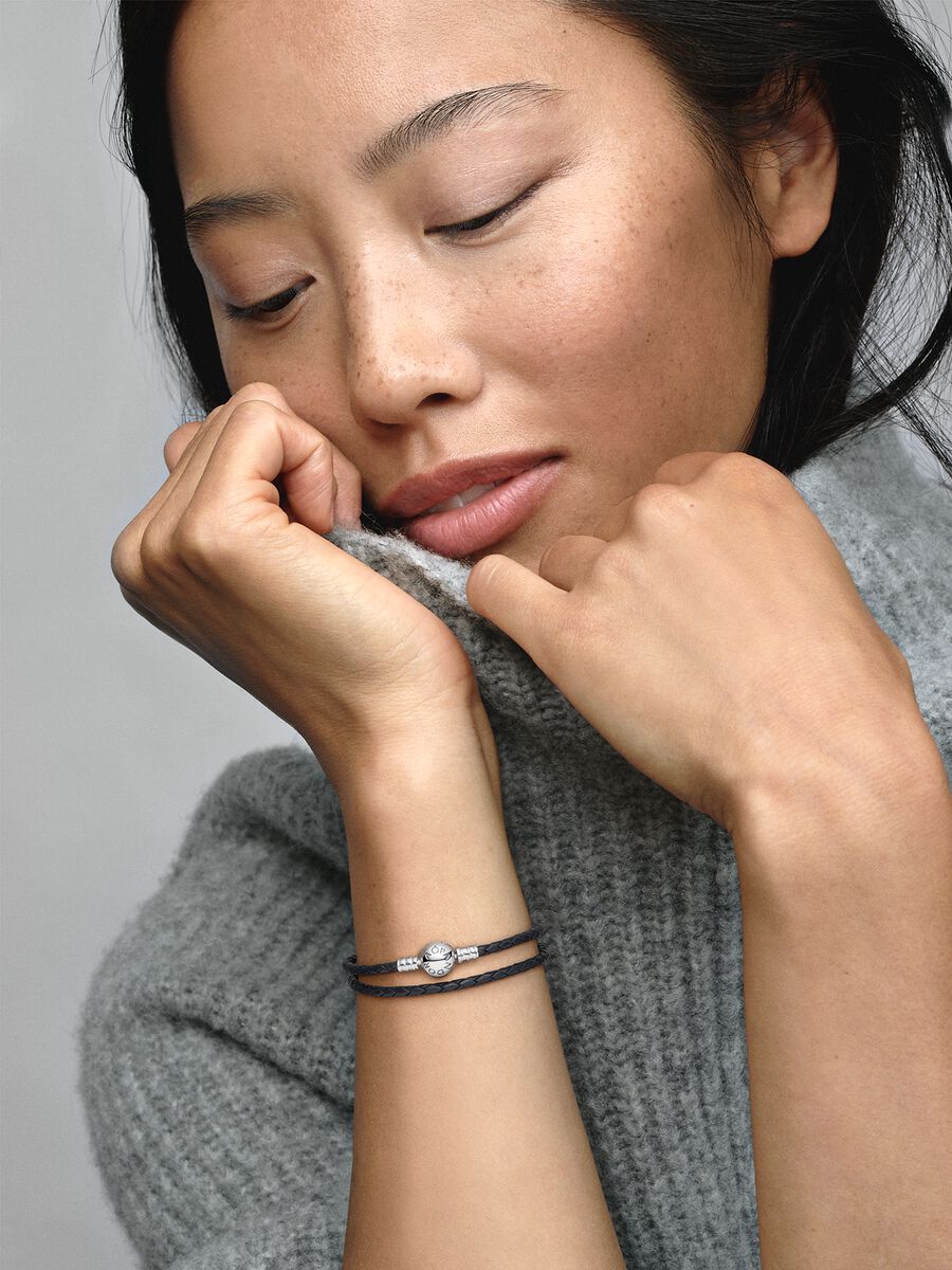 Bracelet double en cuir noir Pandora Moments