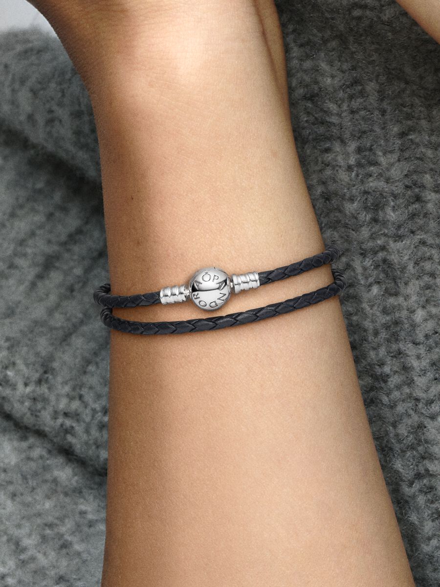 Bracelet double en cuir noir Pandora Moments