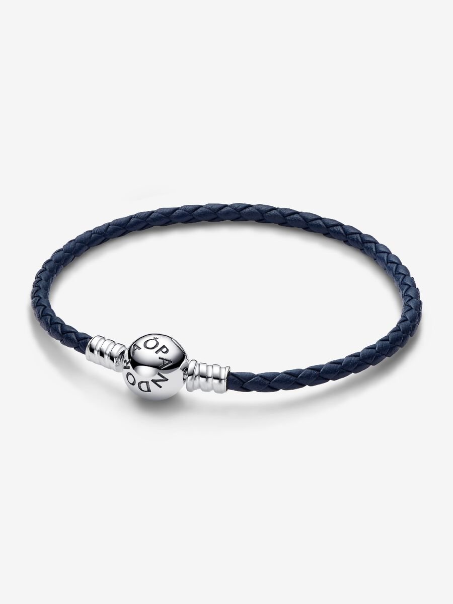 Bracelet en cuir tressé bleu à fermoir rond Pandora Moments