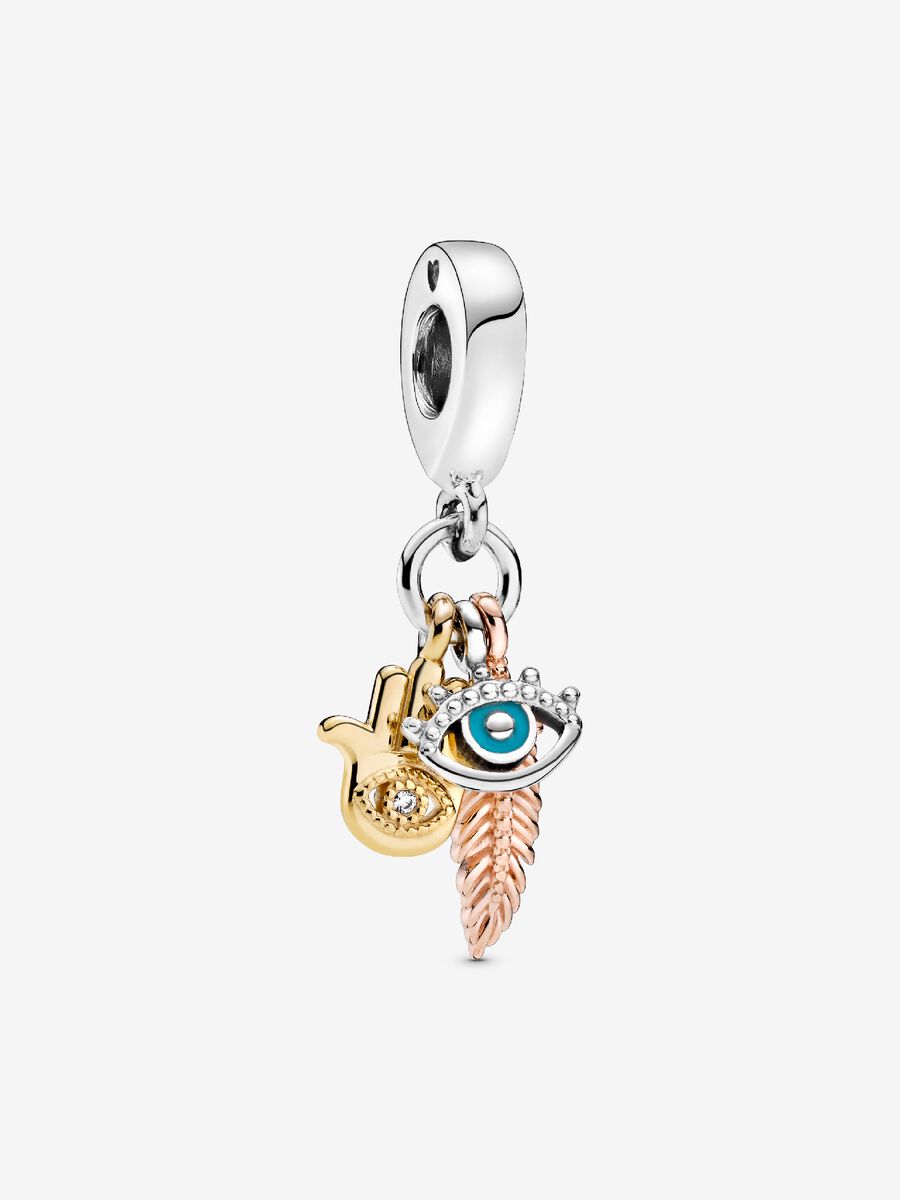 Charm-pendentif Spiritualité avec Hamsa, œil qui voit tout et plume