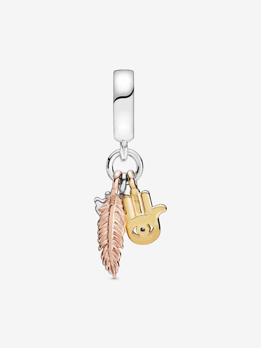 Charm-pendentif Spiritualité avec Hamsa, œil qui voit tout et plume