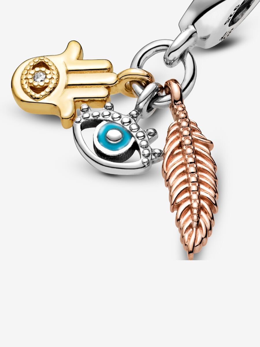 Charm-pendentif Spiritualité avec Hamsa, œil qui voit tout et plume
