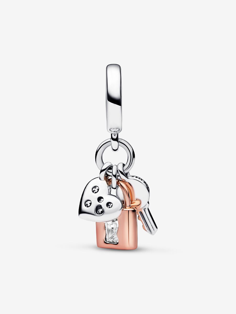 Charm-pendentif deux-tons triple clé, cadenas et coeur