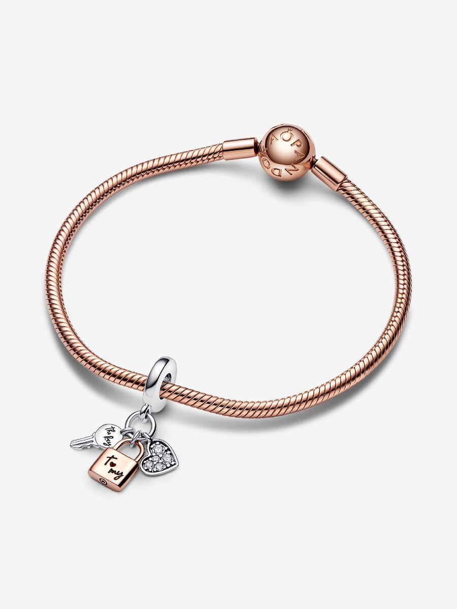 Charm-pendentif deux-tons triple clé, cadenas et coeur
