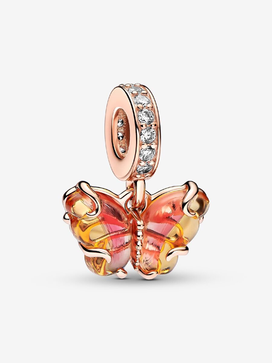 Charm-pendentif Papillon en verre de Murano rose et jaune