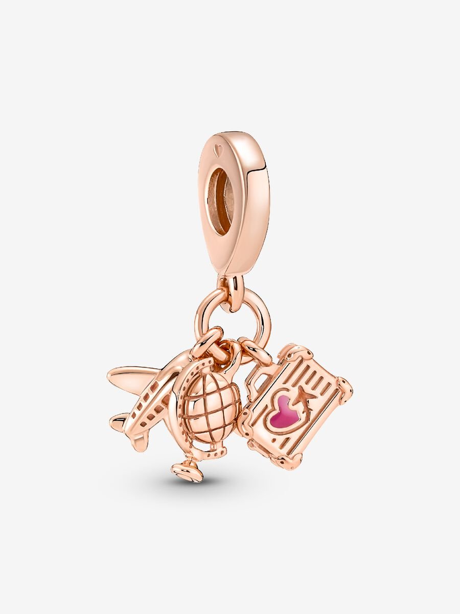 Charm-pendentif triple Avion, globe terrestre et valise