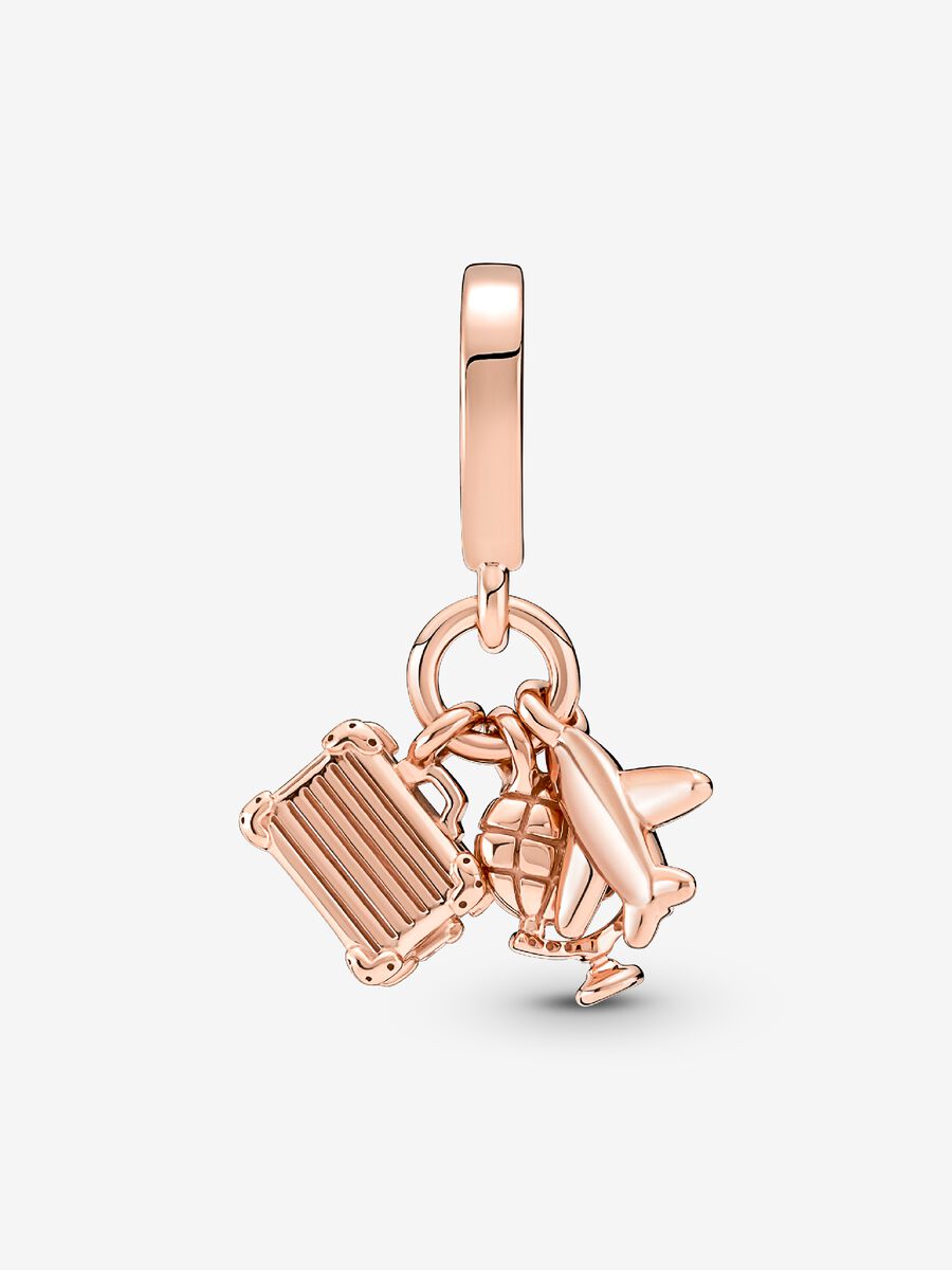 Charm-pendentif triple Avion, globe terrestre et valise
