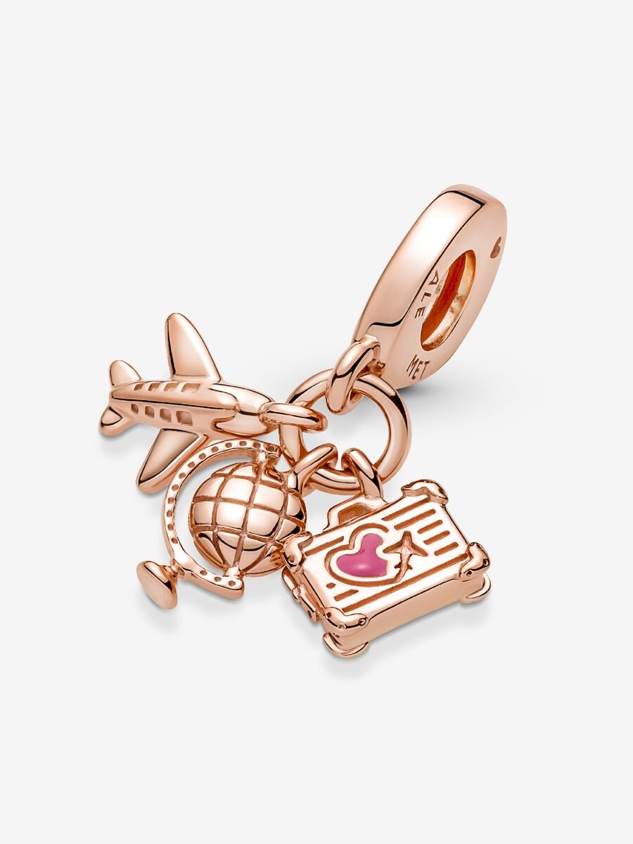 Charm-pendentif triple Avion, globe terrestre et valise
