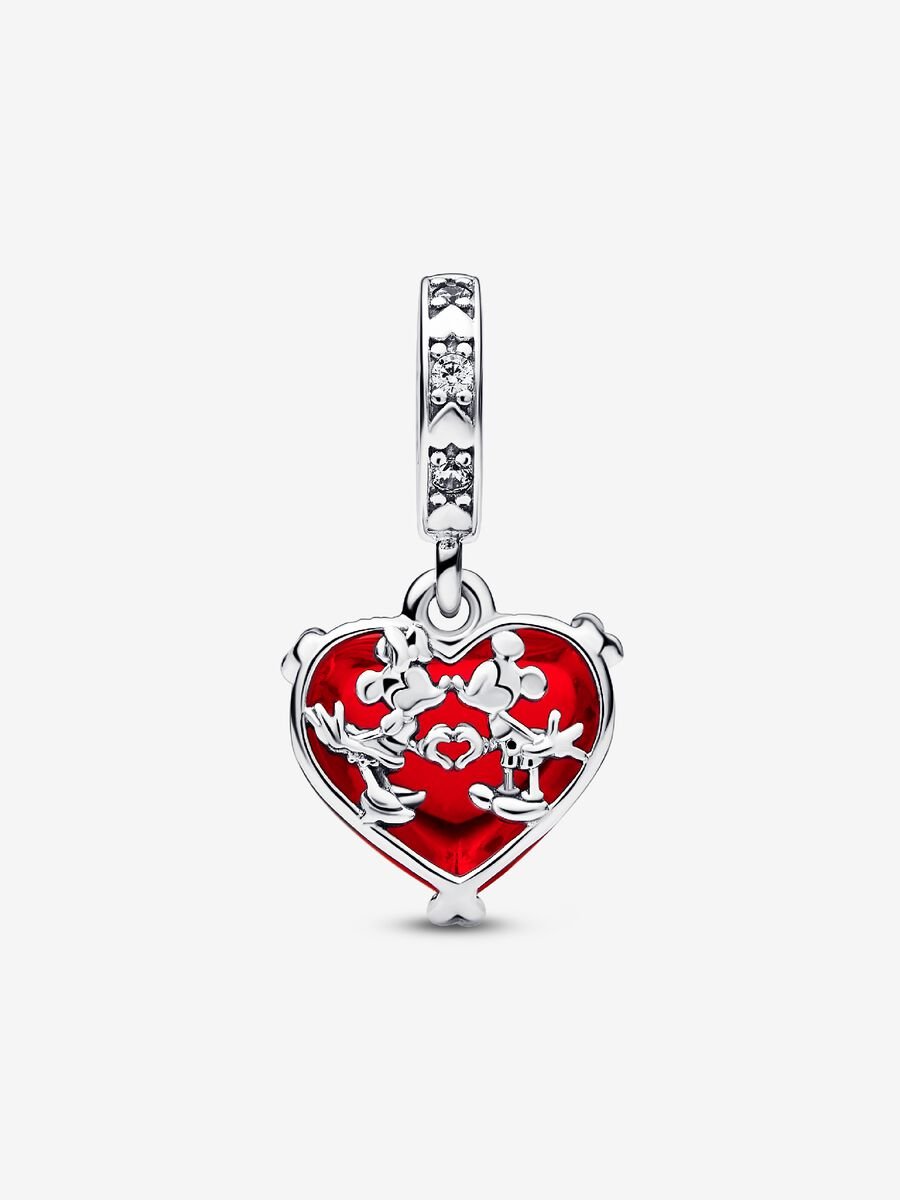 Charm-pendentif en verre de Murano avec baiser rouge de Mickey et Minnie Mouse de Disney