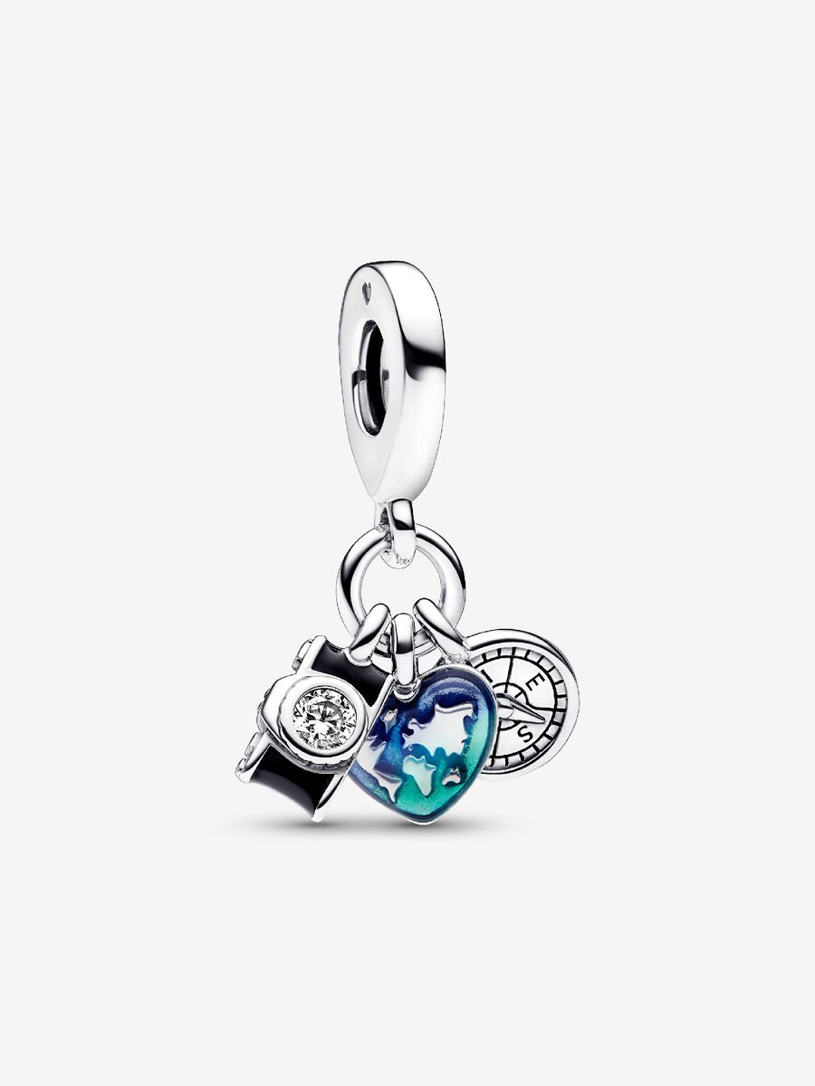 Charm-pendentif triple Appareil photo, cœur et boussole