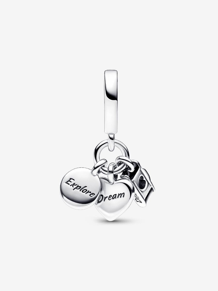 Charm-pendentif triple Appareil photo, cœur et boussole