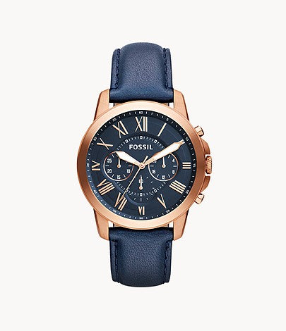 Fossil montre Grant chronographe en cuir bleu marine