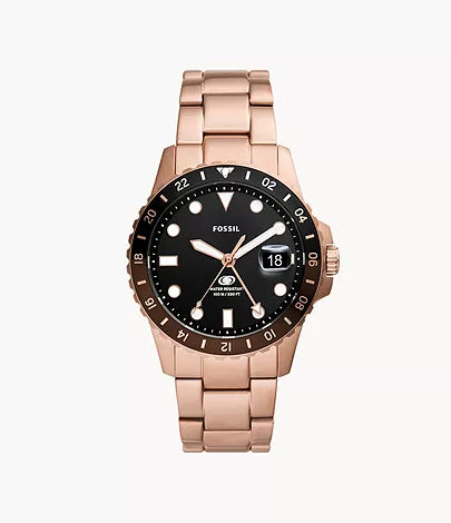 FOSSIL Montre en acier inoxydable ton or rose à mouvement GMT Fossil Blue