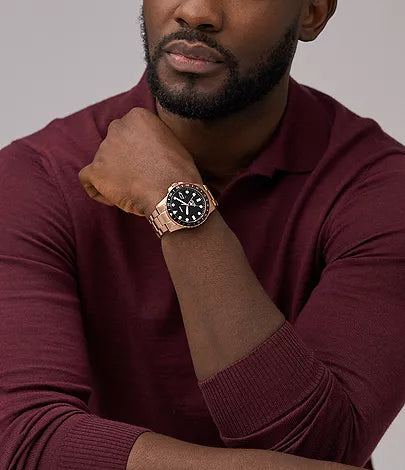 FOSSIL Montre en acier inoxydable ton or rose à mouvement GMT Fossil Blue