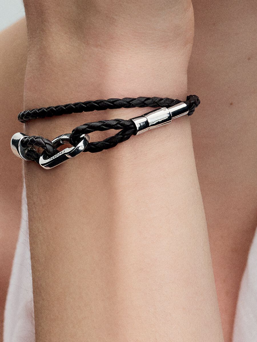 Double bracelet en cuir tressé brun Pandora Moments