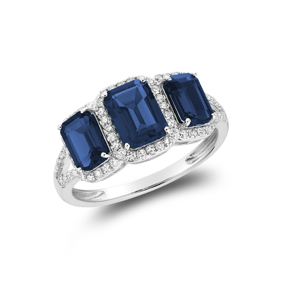 Emerald Cut Created Gemstone and Diamond Halo Ring
