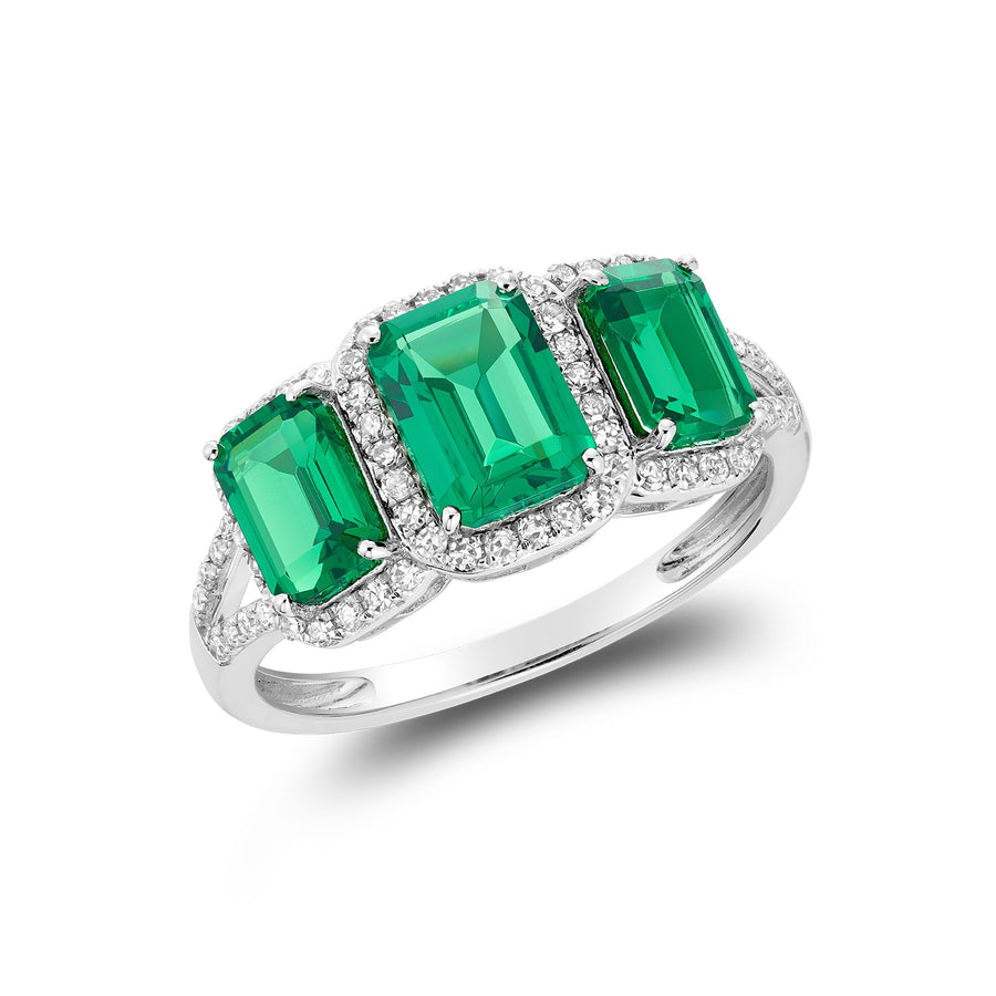 Emerald Cut Created Gemstone and Diamond Halo Ring
