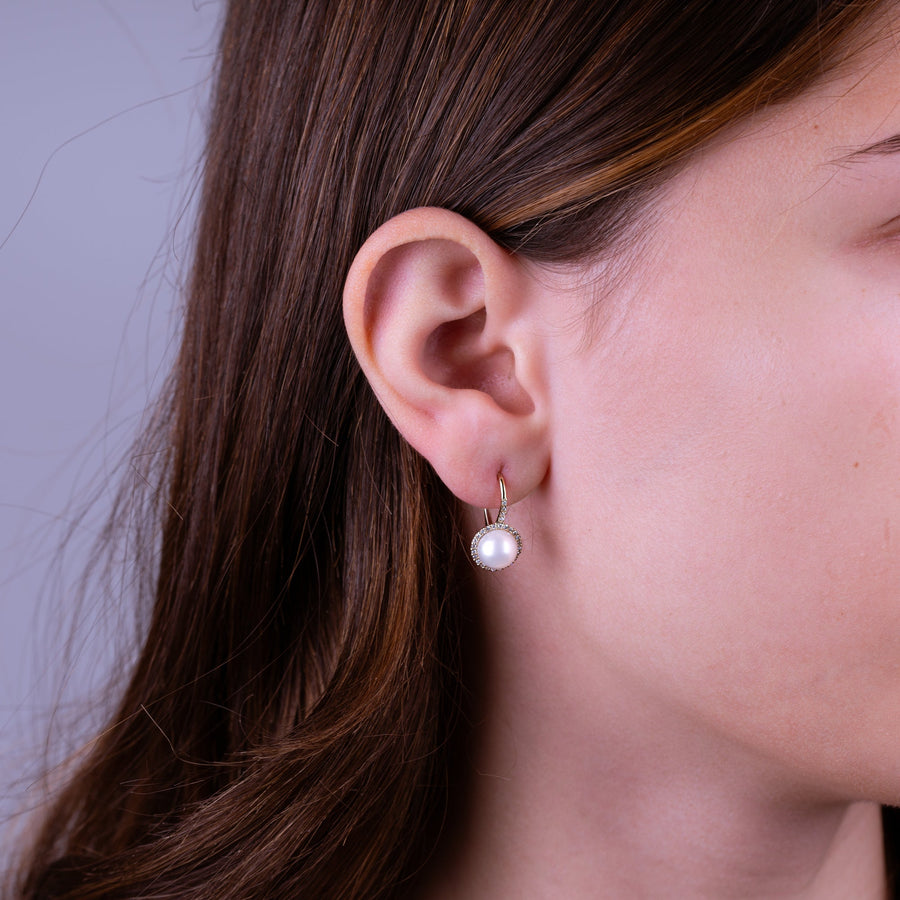 Cultured Freshwater Pearl & Diamond Halo Dangle Earrings