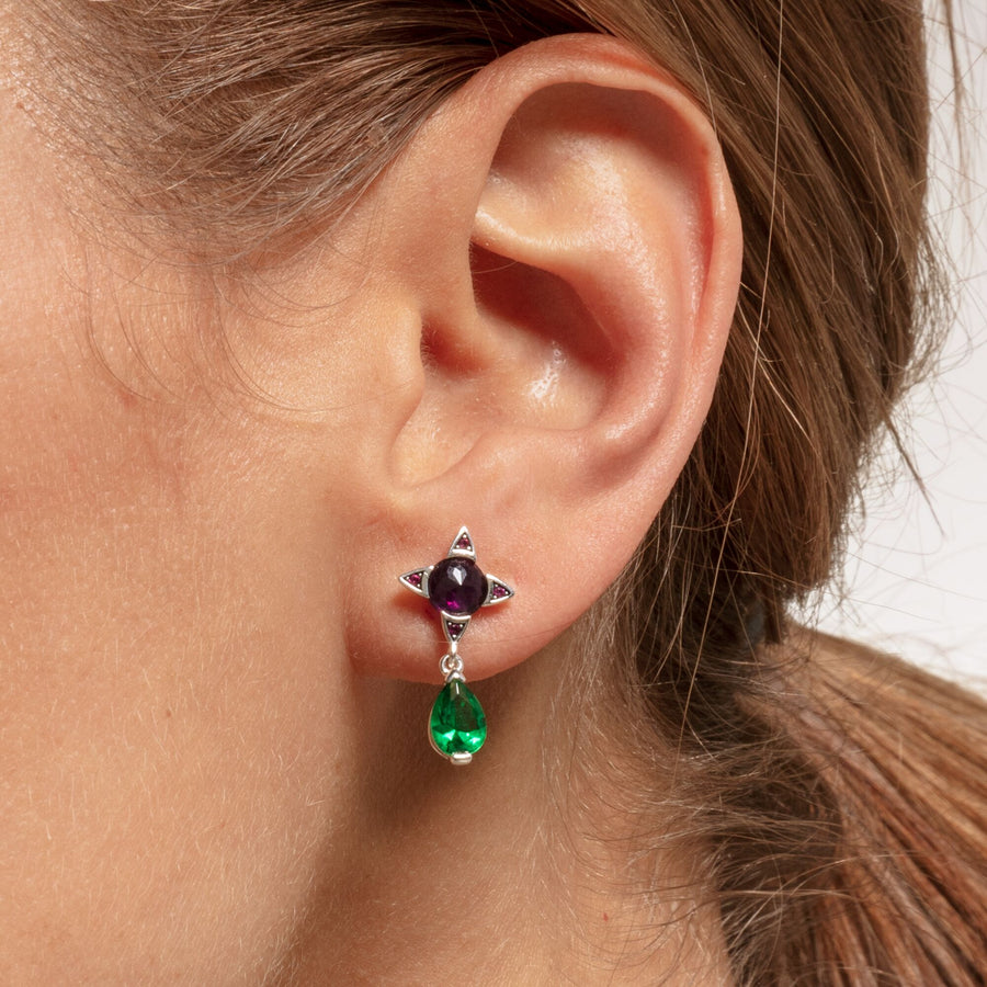 boucles d'oreilles Goutte verte avec pierre violette