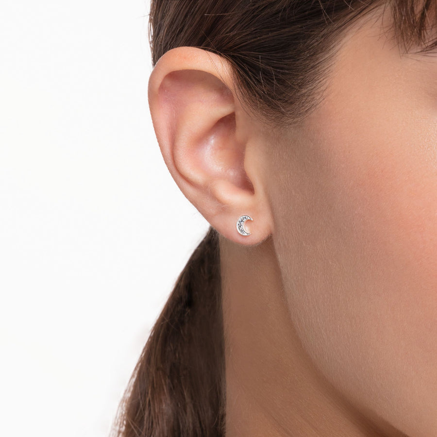 Clou d'oreille unique lune pavé argent