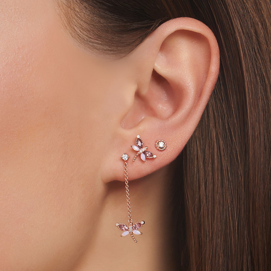 Clou d'oreille unique libellule avec pierres or rose