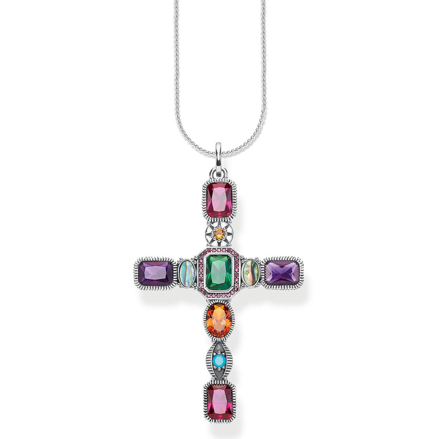 Pendentif croix pierres colorées