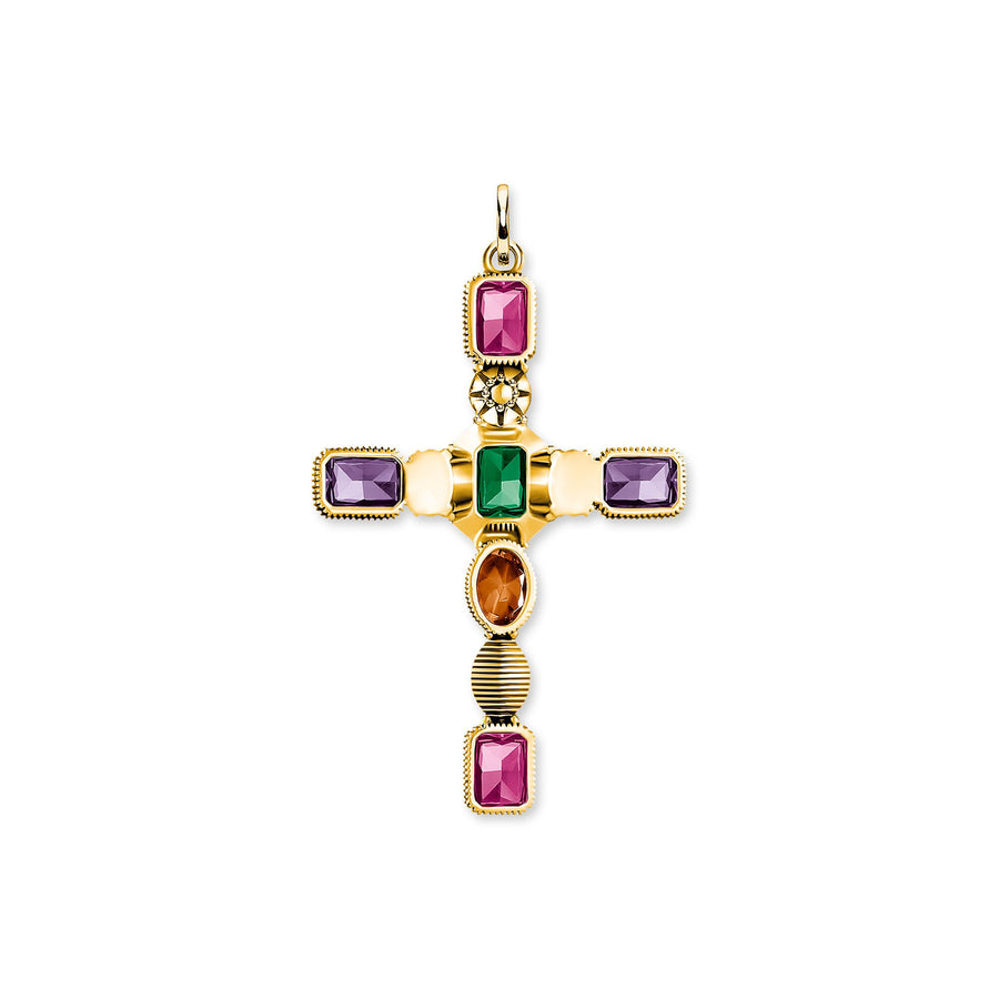 Pendentif croix pierres colorées or