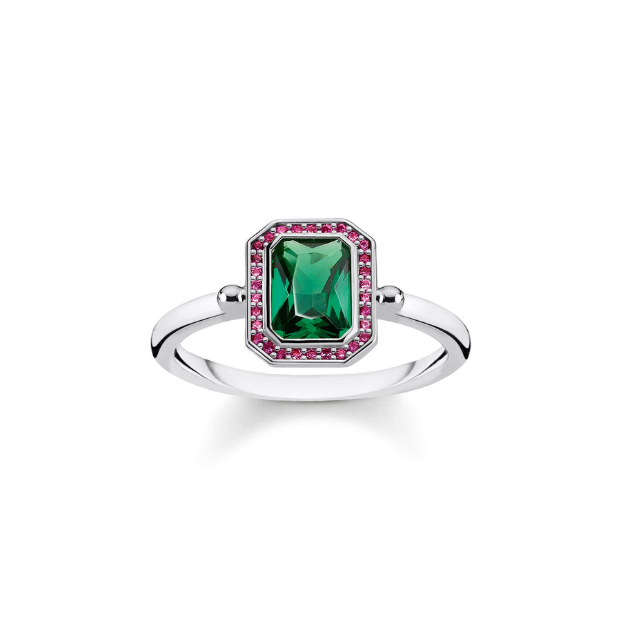 Bague pierres rouges et vertes argent