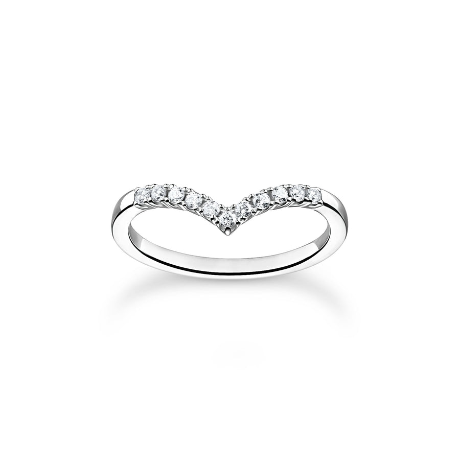 Bague forme en V avec pierres blanches argent