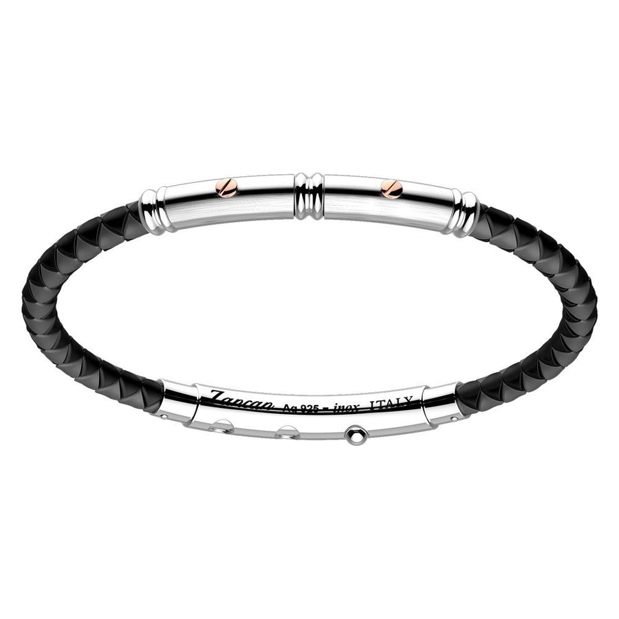 ZANCAN Bracelet Robertinox en silicone noir rond avec tag en argent et or rose