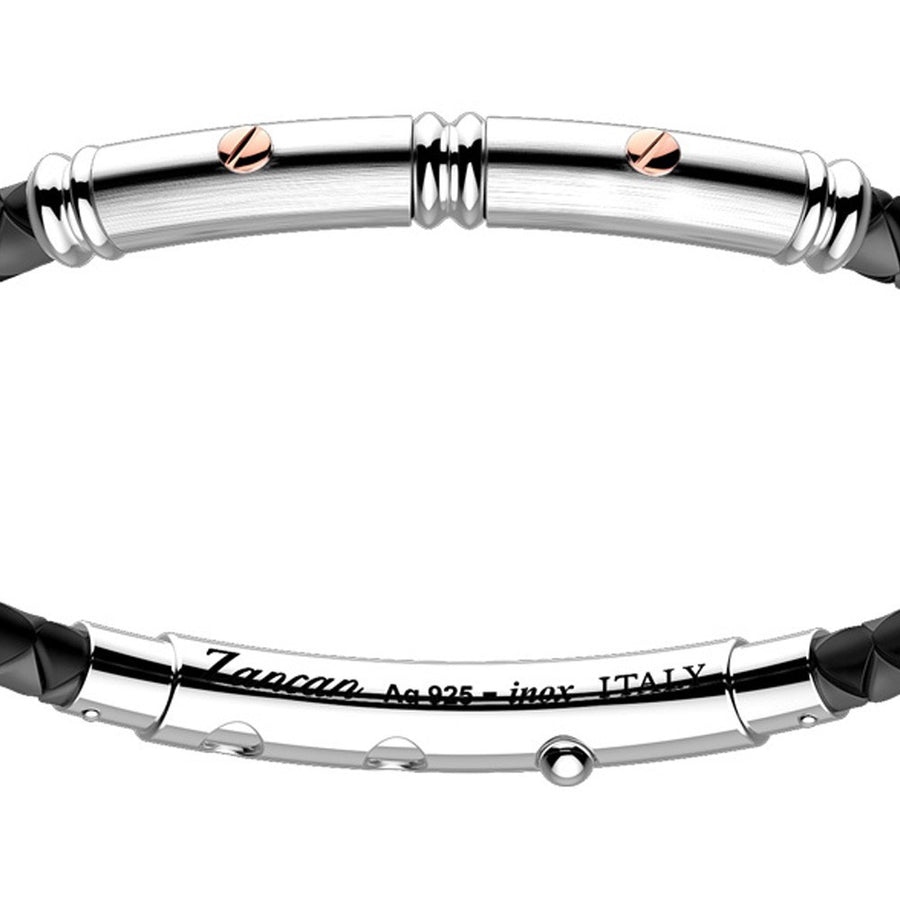 ZANCAN Bracelet Robertinox en silicone noir rond avec tag en argent et or rose