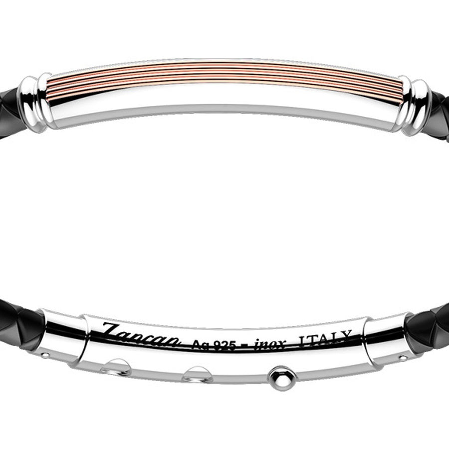 ZANCAN Bracelet Robertinox en silicone noir rond avec tag en argent et lignes or rose