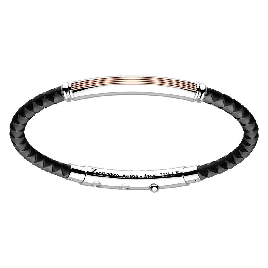 ZANCAN Bracelet Robertinox en silicone noir rond avec tag en argent et lignes or rose